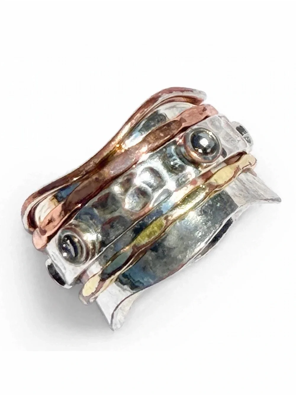 Sterling Silver 925 Copper Brass Spinner Ring Hammered Gemstone Boho 10.8g Heavy